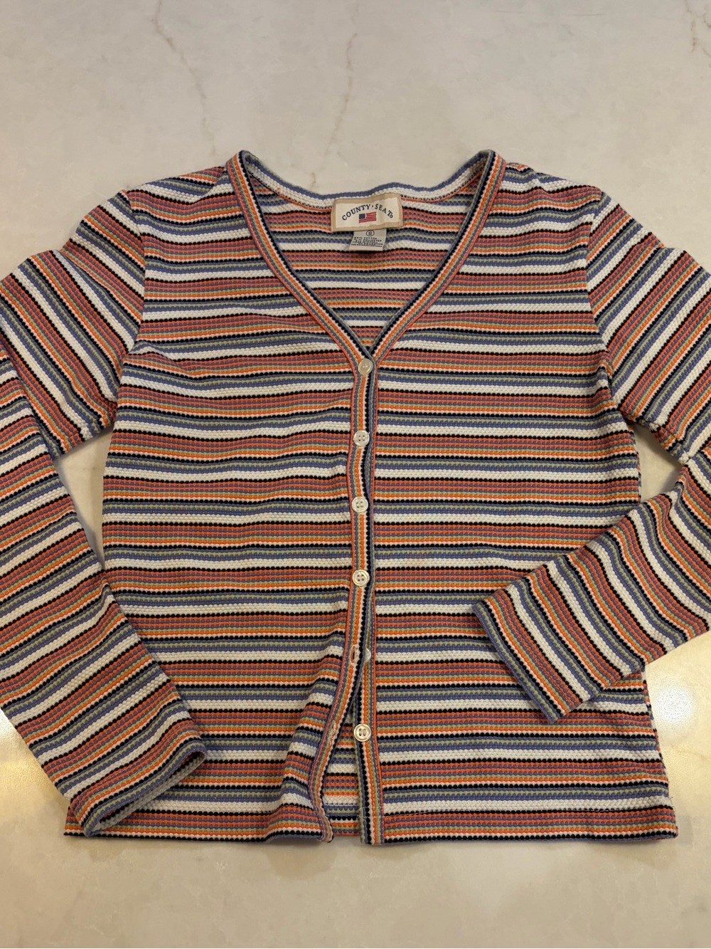 Country Road Striped V‑Neck Button Cardigan in Navy, Orange & Cream